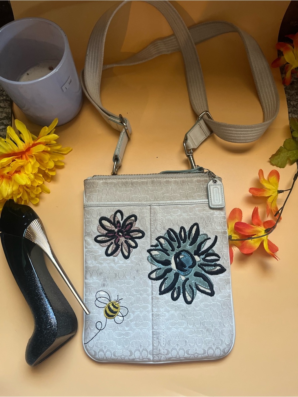 Coach Cream Crossbody with Floral and Bee Embroidery
